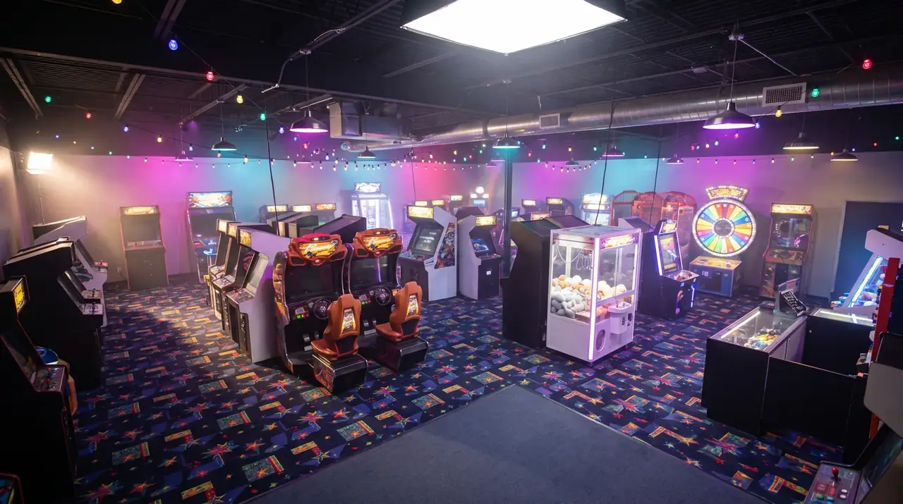 Empty arcade plate: cabinets, claw machines and a patterned carpet under string lights, built as the Arcade world before any child or product went in